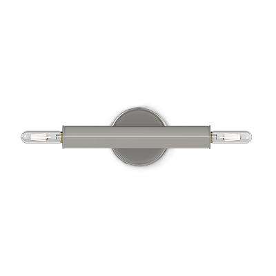 A sleek wall sconce light in polished nickel, characterized by clean straight lines, and equipped with dual lights at each end